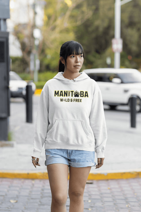 Get ready to embrace your inner wild with this Manitoba hoodie, featuring a bear paw for the ‘O’ and wheat for the ‘I’—because nothing says ‘wild and free’ like a province where bears and wheat fields both thrive.